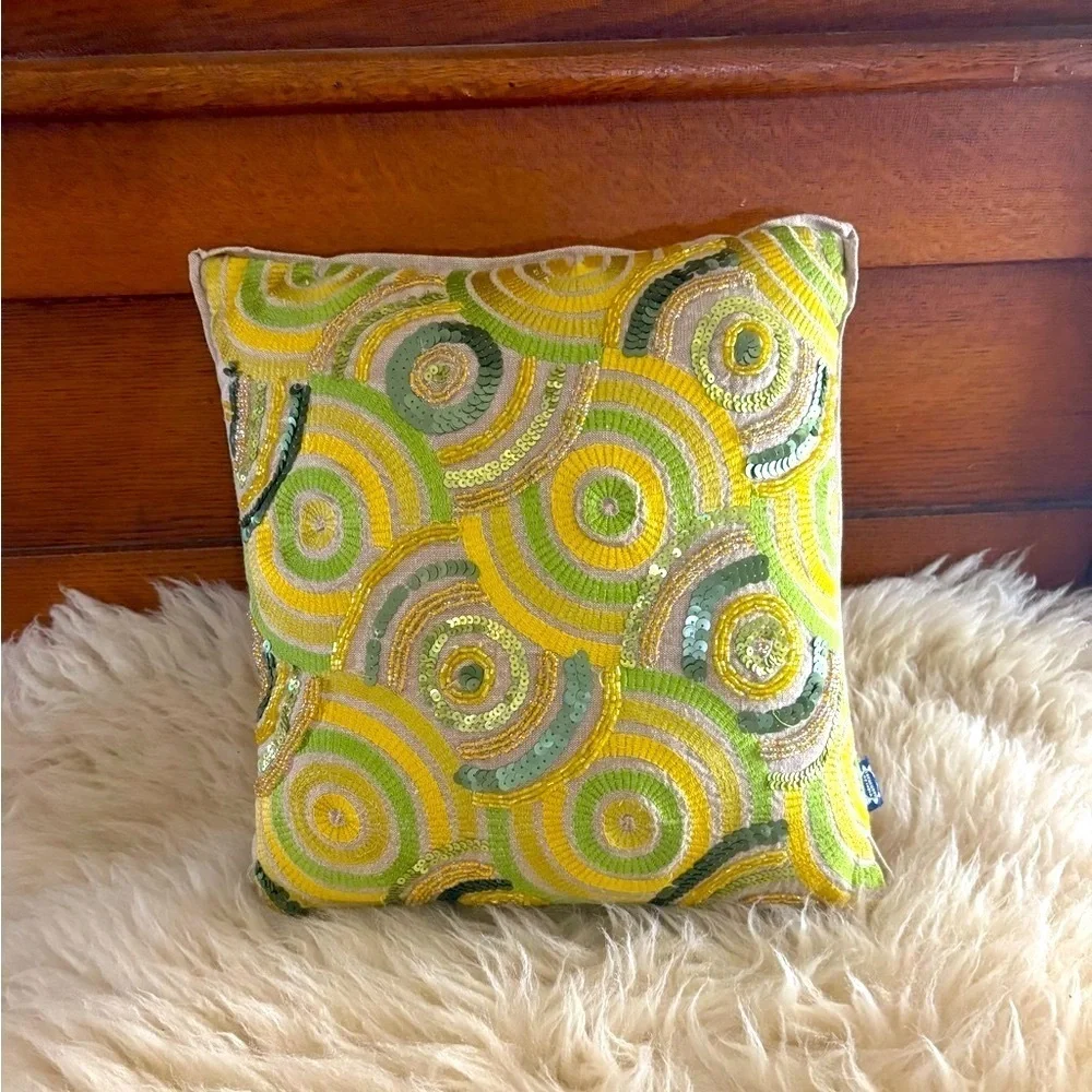 Indian Ethnic Sequined and Embroidered Green and Yellow Linen Accent Pillow